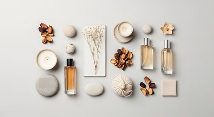 Aesthetic flat lay arrangement of spa and aromatherapy items including perfume bottles candles dried botanicals and smooth stones on a neutral background