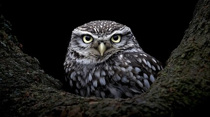 木の陰から覗くフクロウ