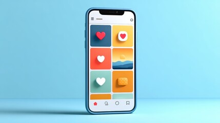 Smartphone Displaying Colorful Social Media App Interface on Light Blue Background