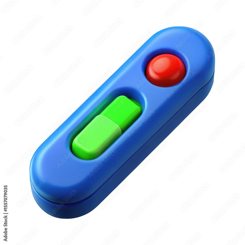 Poster blue and green digital thermometer with red button isolated on transparent background