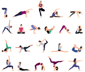 Young women doing yoga exercise. Healthy and wellness lifestyle. Flat vector illustration