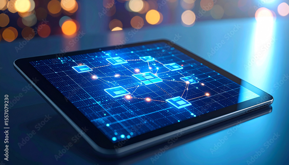 Poster digital canvas: a sleek tablet displays an intricate digital circuit network, a visual representatio