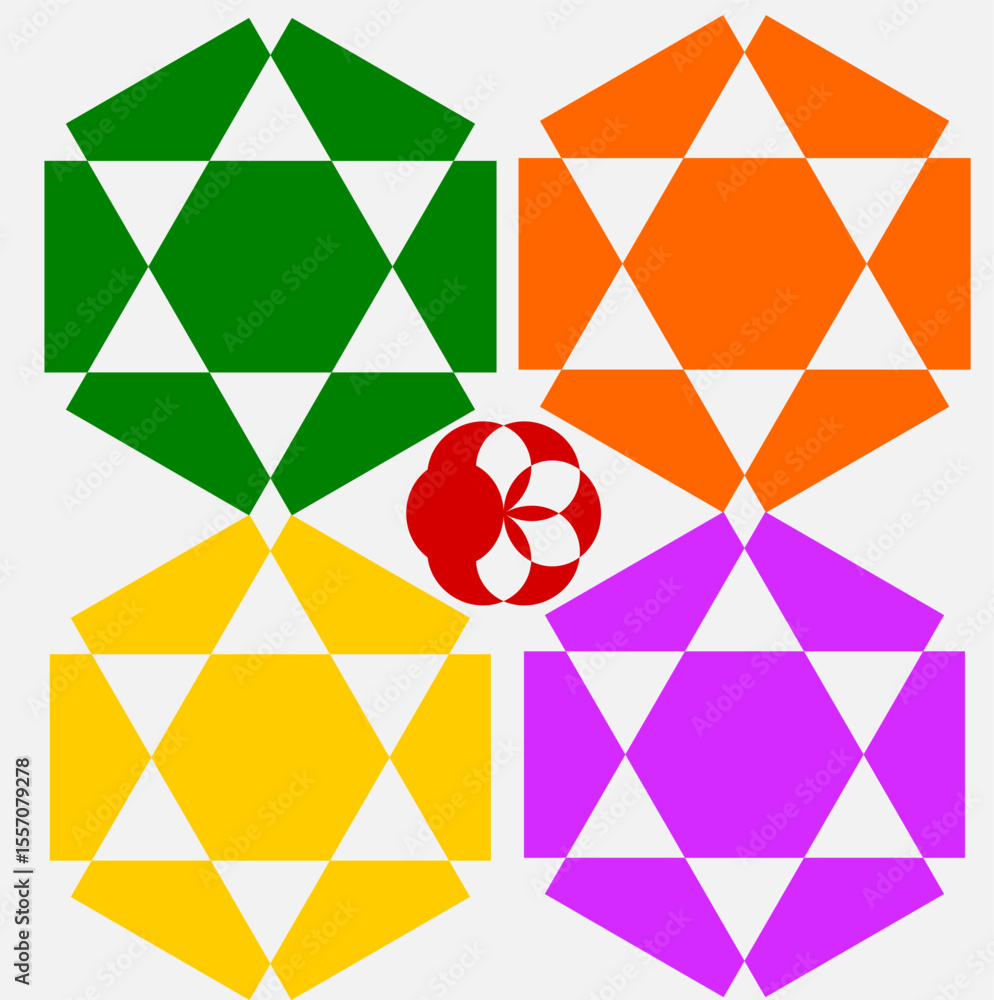 Poster a bright geometric mandala with a multi-colored pattern. the symmetrical design radiates energy and 