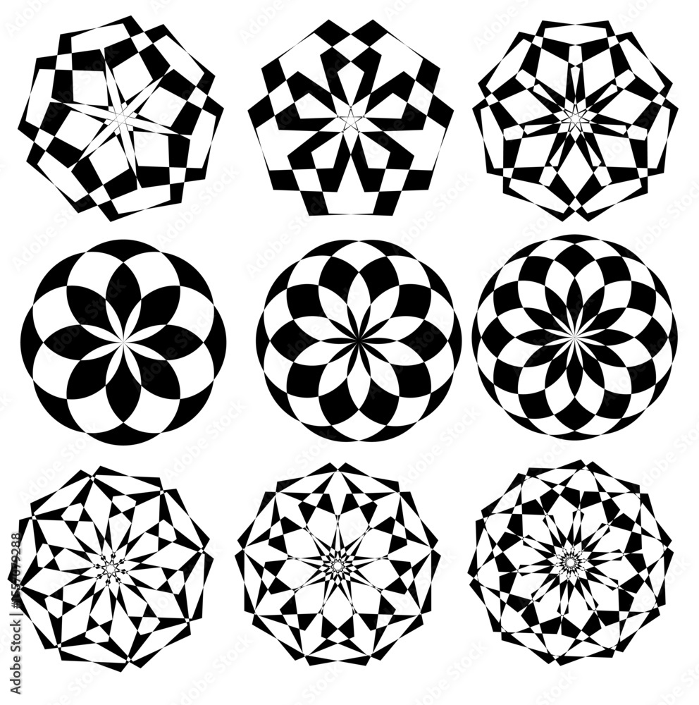 Poster a collection of intricate black and white circular geometric patterns, each design features unique r
