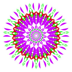 A bright geometric mandala with a multi-colored pattern. The symmetrical design radiates energy and harmony, combining sharp angles with flowing curves in a kaleidoscope of colors.
