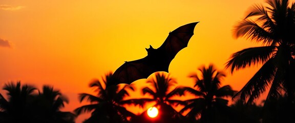 Bat silhouette against vibrant Sri Lankan sunset, palm trees in foreground,  flight,  silhouette