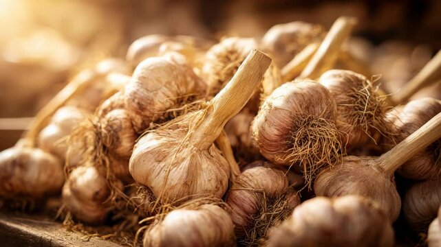 Pile of Freshly Harvested Garlic Bulbs in Rustic Setting with Warm Lighting