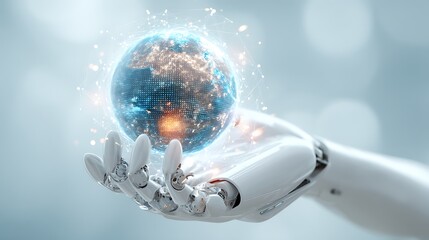 AIの手が未来の地球を支えるテクノロジーとグローバルネットワークの象徴