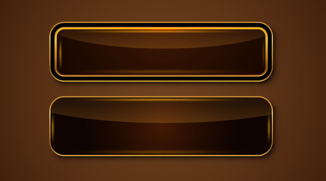 Gold rectangle isolated button. Golden design for empty emblem. Glossy golden metallic shape. 3D realistic vector shiny button