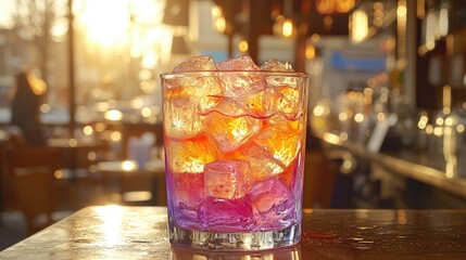 Colorful cocktail with ice cubes in a glass on a table.