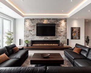 Modern living room with sleek black sofas, white walls, stone fireplace, dark wood coffee table, wall-mounted TV, neutral color scheme with warm brown accents