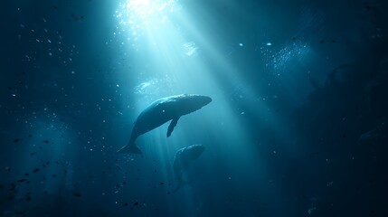 Obraz premium 深海を優雅に泳ぐクジラたちと神秘的な光のカーテン