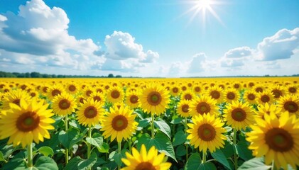 Fototapeta premium Breathtaking Summer Sunflowers A Vast Field of Vibrant Yellow Blossoms Stretching to the Horizon Under a Bright Sky. Perfect for summer, nature, and agriculture themes.