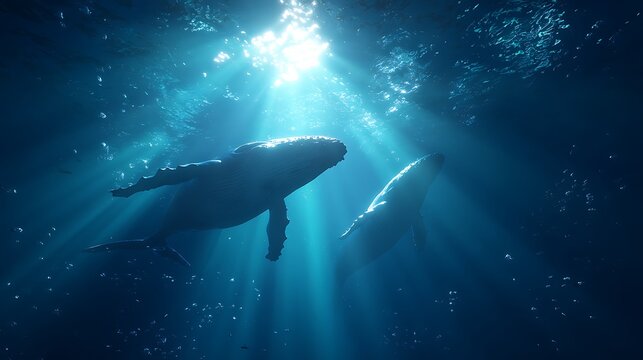 深海を優雅に泳ぐクジラたちと神秘的な光のカーテン