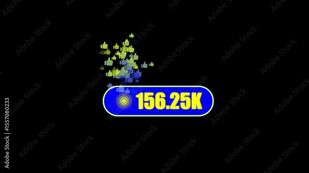 Poster 300.k likes counter animation.counting numbers 0 to 300.k, like icon radio waves with black backgrou