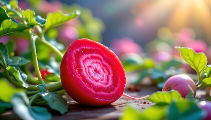 radish, verdant leaves, airy pastel dreamscape, vivid lemon highlights, inverted bright dawn, soft focus, nostalgic, dreamy, hyperrealistic detail, food.