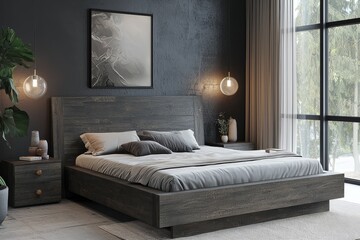 Modern solid wood bed frame with headboard and footboard in dark gray finish, low-profile design in bedroom setting, photorealistic
