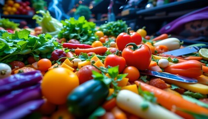 vibrant vegetable medley, dynamic low angle, motion blur, surreal vivid colors, bright glaring light, delightful aesthetics.