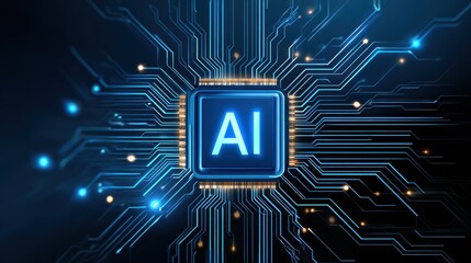 Close-up of an AI Chip Surrounded by Intricate Circuit Patterns and Blue Light Effects