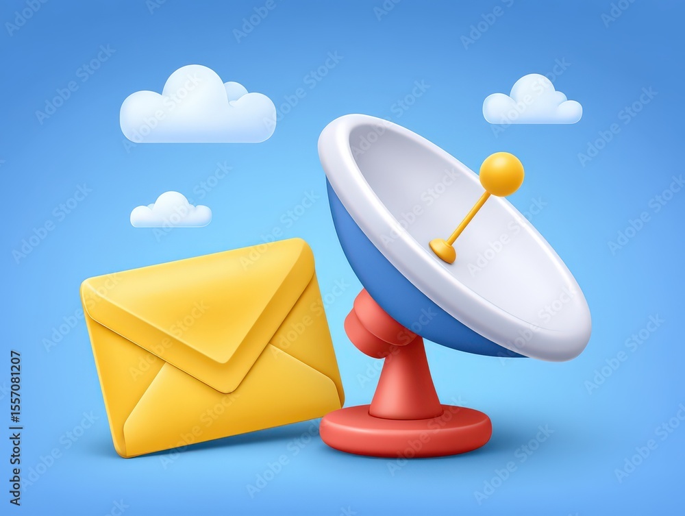Poster engaging communication concepts highlighted by a colorful satellite dish and a vibrant envelope symb