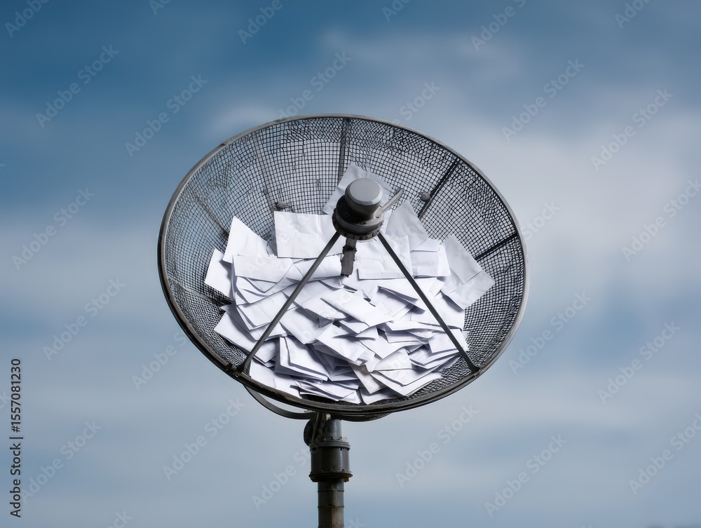 Poster conceptual representation of communication overflow depicted through a basket filled with overflowin