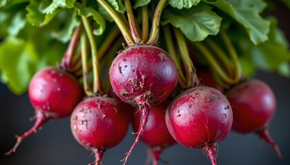 beetroots, vibrant green leaves, close up, upside down, luminous style, bright city lights, rich color, healthy, earthy, vivid, food , high detail, hyperrealism, saturated, dynamic lighting