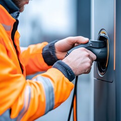 Workers Connecting Power Cables in Close-Up View