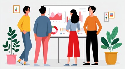 Group of Young Professionals Engaging in Data Analysis Presentation in Modern Office Setting
