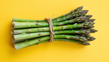 asparagus bundle, vibrant green, natural twine, crisp texture, wide angle, bright yellow background, pure bright lighting, through object aesthetic, food.