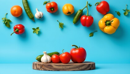 retro vegetable still life, bright sky blue background, vivid high noon lighting, wooden board, tomatoes, peppers, cucumbers, garlic, epic vibes, upside down perspective, colorful, high contrast