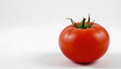 close up red tomato, white backdrop, minimalist, studio lighting, mercial , vibrant color, clean lines, graphic design template, sharp focus.