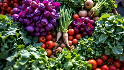 farmers market bounty, fresh greens, root vegetables, high angle, violet hue, backlit, strong shadows, top down perspective, bold clarity, vibrant, photorealistic.