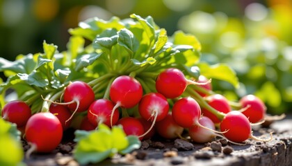 vibrant radishes, crisp leaves, ruby red, porcelain white, peppery flavor, sun drenched garden, shallow depth of field, hyperrealistic, food , natural light, bokeh background, delectable, appetizing.