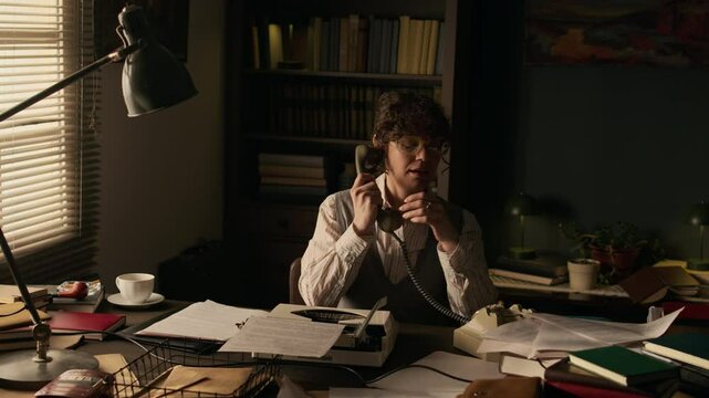 Medium shot of middle-aged Caucasian female writer sitting at cluttered desk working on vintage typewriter, then picking up retro phone and talking to publisher
