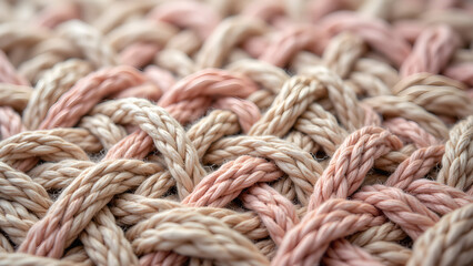 Woven fibers, textured warmth. Tactile comfort with muted tones. Close-up of a cozy knit.