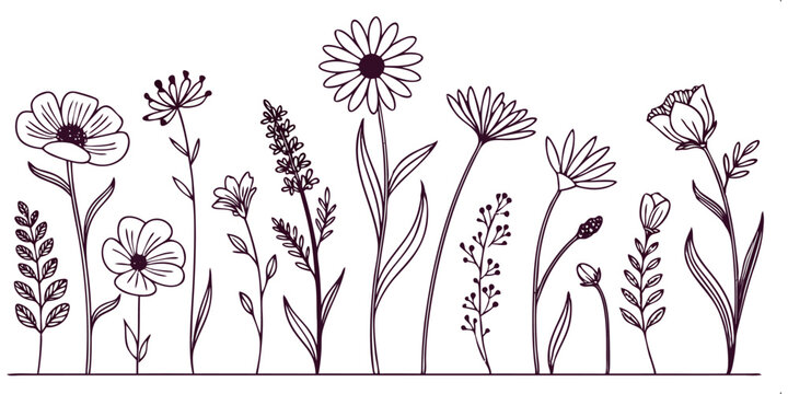 Floral Elegance: A delicate floral design, featuring an array of wildflowers, gracefully drawn to evoke a sense of spring's vitality. The intricate lines create an aesthetic appeal.