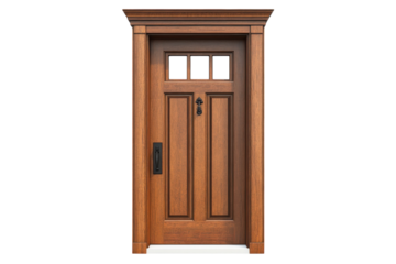 Inviting warmth of a craftsman wooden door beckoning entry with classic charm and elegance on transparent background