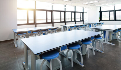Modern classroom with long tables