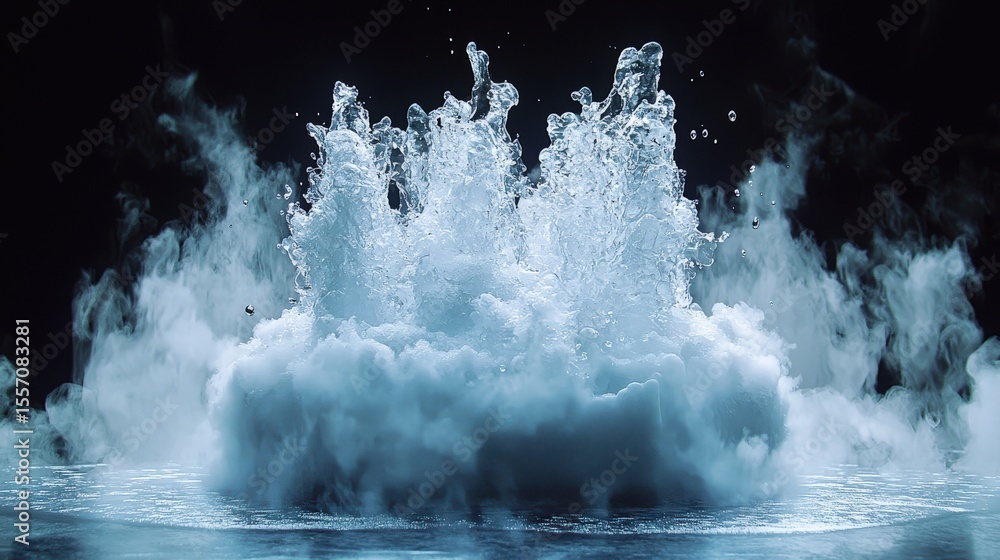 Poster ice burst over water with fog capturing a dynamic frosty scene against a dark backdrop