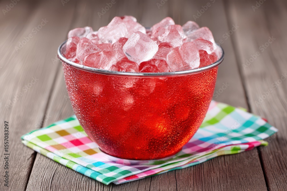 Poster refreshing bowl of iced red beverage filled with glistening ice cubes on a colorful checkered napkin