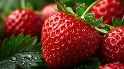 Fresh Strawberries with Dew in Close-Up View