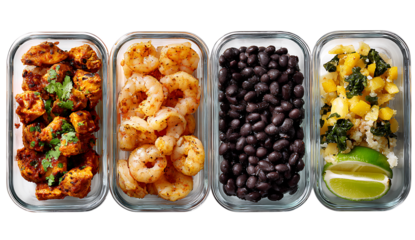 4 meal preps in glass containers with chicken, shrimp, and black beans. Top view, flat lay. Gourmet food concept for work or school lunch.