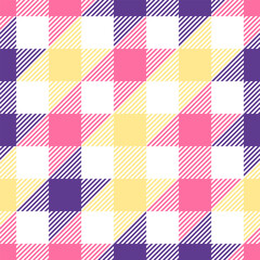 Seamless gingham pattern featuring a vibrant color palette of pink, purple, yellow, and white, creating a cheerful and dynamic design