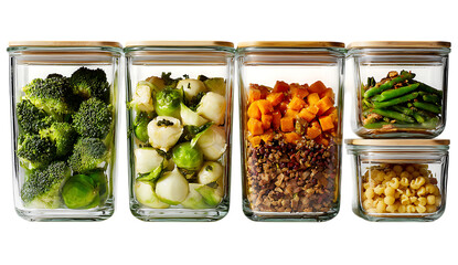 4 meal preps in glass containers with chicken, shrimp, and black beans. Top view, flat lay. Gourmet food concept for work or school lunch.