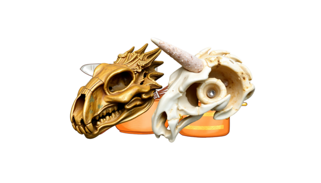 Golden Dragon and Unicorn Skulls Fantasy Sculptures