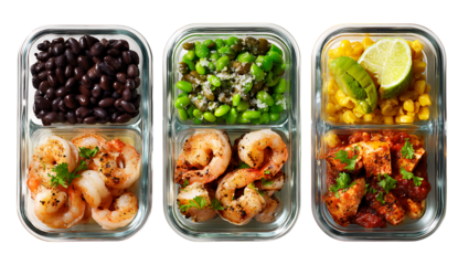 4 meal preps in glass containers with chicken, shrimp, and black beans. Top view, flat lay. Gourmet food concept for work or school lunch.