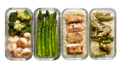 4 meal preps in glass containers with chicken, shrimp, and black beans. Top view, flat lay. Gourmet food concept for work or school lunch.