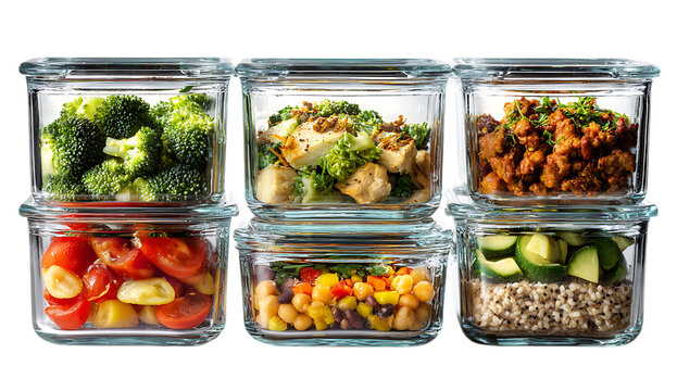 4 meal preps in glass containers with chicken, shrimp, and black beans. Top view, flat lay. Gourmet food concept for work or school lunch.