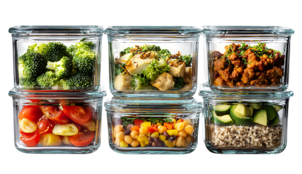 4 meal preps in glass containers with chicken, shrimp, and black beans. Top view, flat lay. Gourmet food concept for work or school lunch.