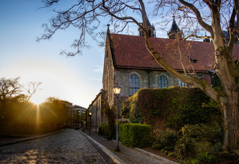 Nikolaikirche Leipzig illuminated by sunset in springtime